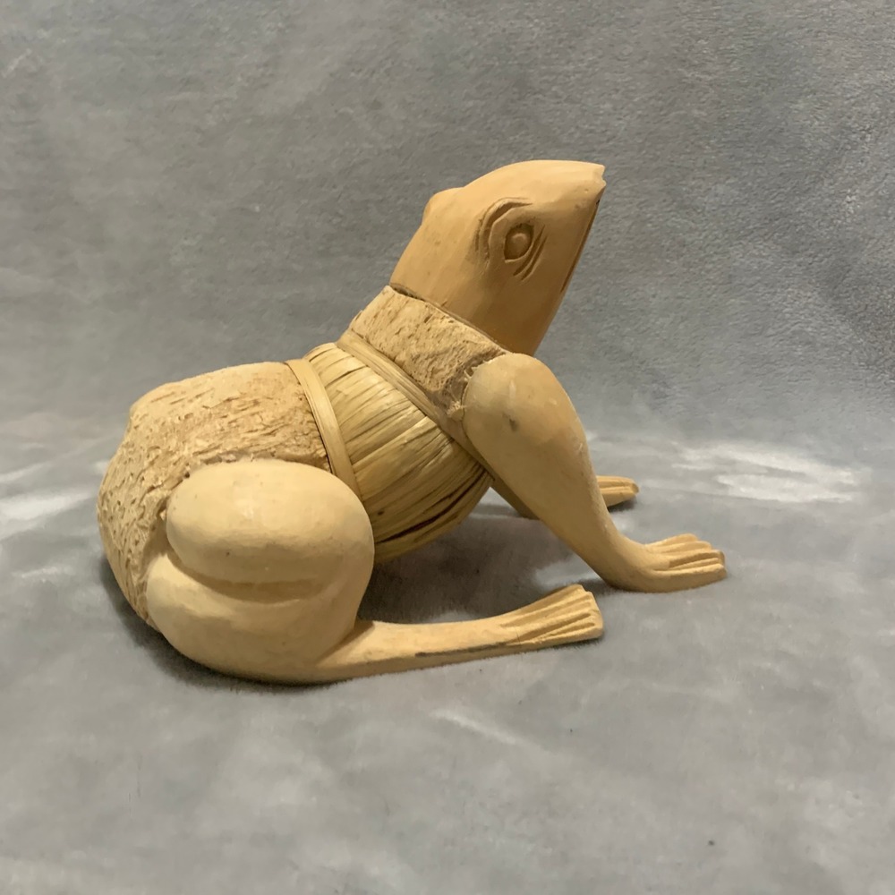 Hand Carved Wooden Frog Figurine Mixed Media Natural Fiber Sculpture Rustic Flaw